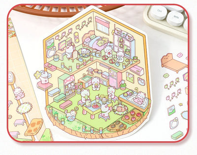Diy Notebook Decompression Stacking Miniature Sticker set featuring a cute cartoon hot pot shop scene with animal characters. - Image 37