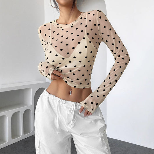 Playera Manga Larga Transparente con Puntos - Cuello Redondo Slim Fit