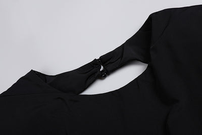 Vestido Largo Negro Escotado en Espalda con Mangas y Detalles de Flores Huecas - Image 16