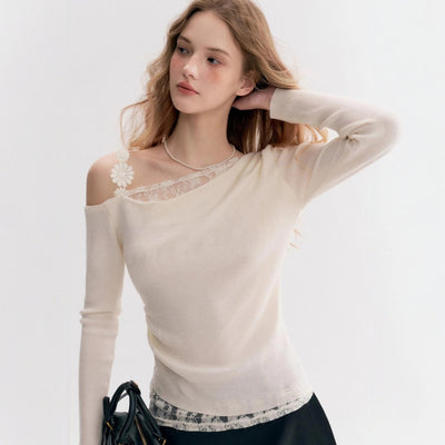 Blusa Elegante Fuera del Hombro con Encaje y Manga Larga