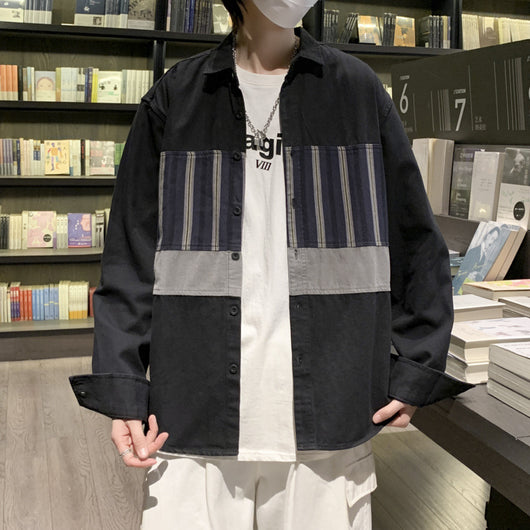 Camisa de Manga Larga Retro con Parches y Rayas para Hombre