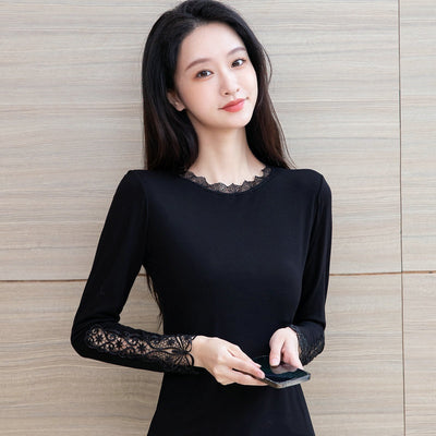 Blusa Negra Elegante Escote Profundo con Encaje y Mangas Largas - Image 5