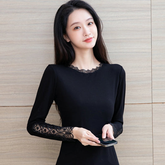 Blusa Negra Elegante Escote Profundo con Encaje y Mangas Largas - Image 5
