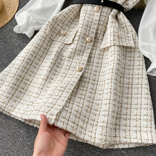 Vestido Houndstooth con Tirantes y Mangas Puff - Image 34