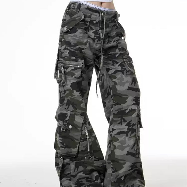 Pantalones Cargo Camuflaje Retro Cintura Baja Corte Holgado