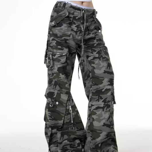 Pantalones Cargo Camuflaje Retro Cintura Baja Corte Holgado