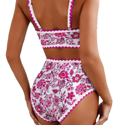 Green and white floral paisley high-waisted bikini swimsuit with scalloped edges on a model. - Image 5