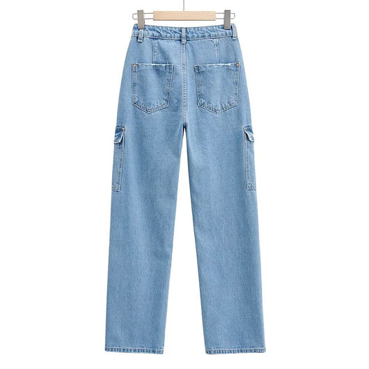 Jeans Azul Lavado Talle Alto Pierna Ancha con Bolsillos Decorados para Mujer - Image 13