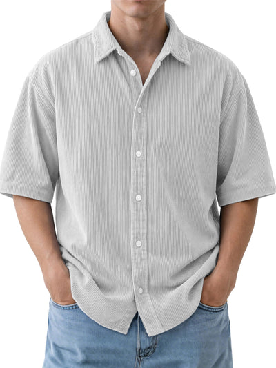Camisa de Pana Suelta para Hombre - Manga Corta Color Sólido - Image 15