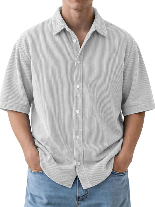 Camisa de Pana Suelta para Hombre - Manga Corta Color Sólido - Image 15