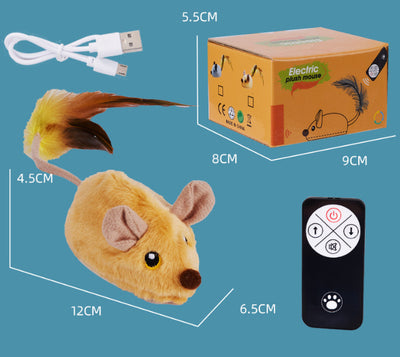 Yellow remote control electric plush mouse cat toy with a black remote and white USB charging cable. - Image 9