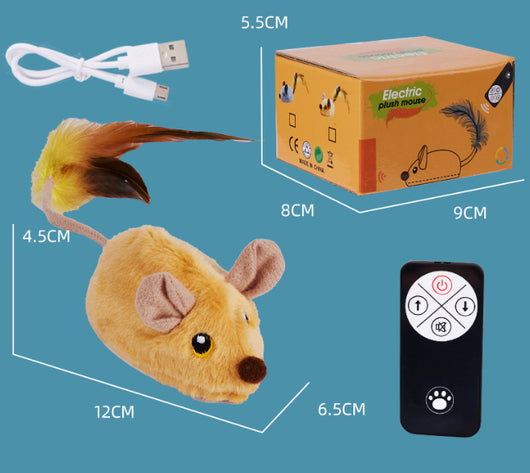 Yellow remote control electric plush mouse cat toy with a black remote and white USB charging cable. - Image 9