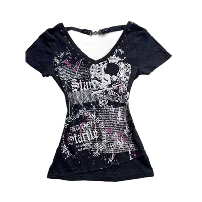 Camiseta Retro Americana Ajustada con Remaches y Cuello en V - Image 3