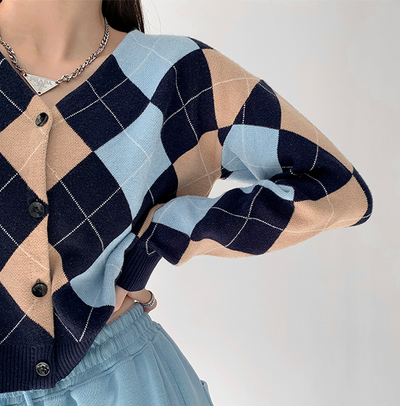 Cardigan Tejido Cuadros Diamante Retro para Mujer - Abrigo Suéter Manga Larga - Image 8