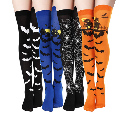 Medias Largas Hasta la Rodilla con Estampado Halloween - Telaraña, Murciélagos, Calaveras y Castillo - Image 46