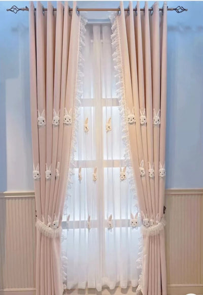 Pink curtains with white plush rabbit appliques, paired with a sheer white inner curtain also featuring rabbit designs. - Image 14