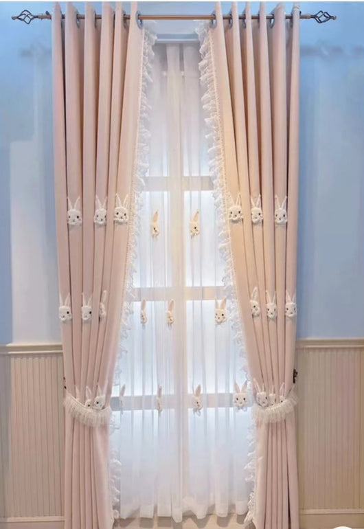 Pink curtains with white plush rabbit appliques, paired with a sheer white inner curtain also featuring rabbit designs. - Image 14
