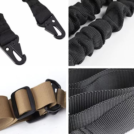 Black crossbody nylon strap with elastic sections, adjustable buckles, and two metal hooks for tension adjustment. - Image 9