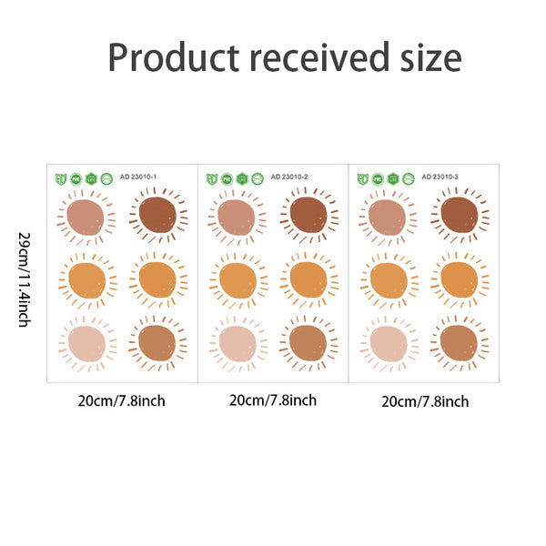 Three sheets of cartoon sun wall stickers, each with six sun designs in shades of brown and orange, showing dimensions. - Image 7