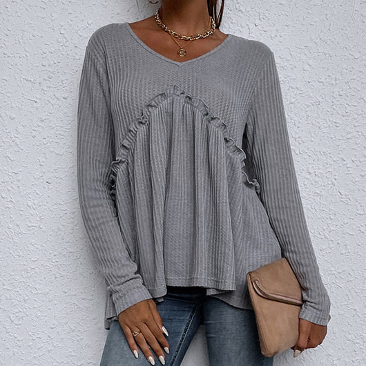 Blusa Casual Cuello Redondo Gris Manga Larga Diseño Asimétrico - Image 2