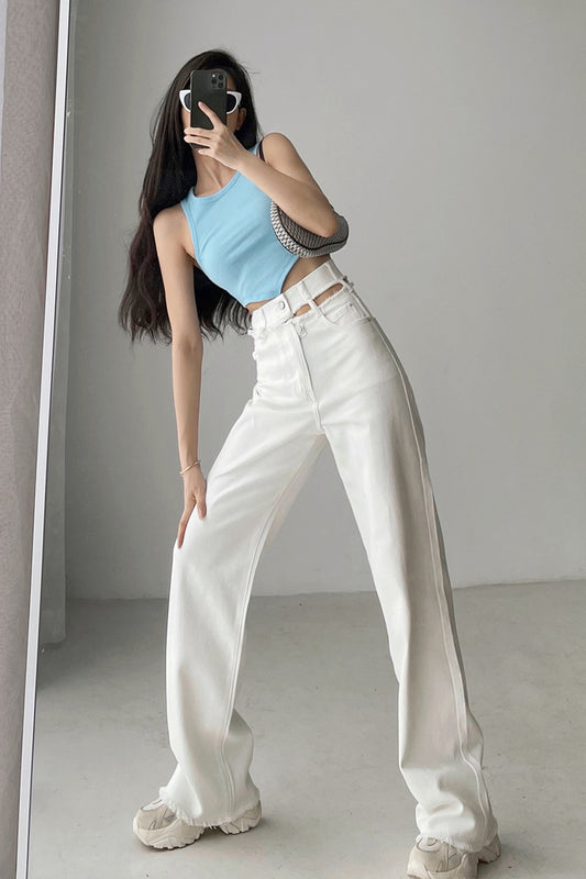 Pantalón Denim Recto con Borde Crudo y Drapeado Hueco
