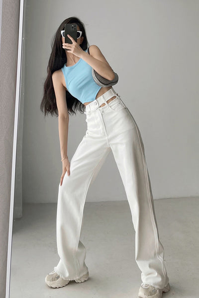 Pantalón Denim Recto con Borde Crudo y Drapeado Hueco