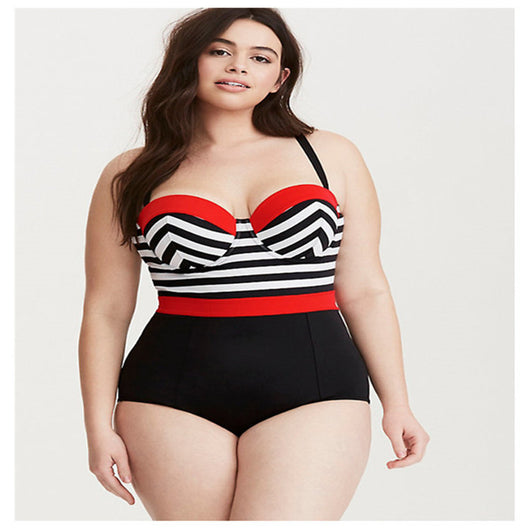 Traje de Baño Enterizo Tallas Grandes con Estampado de Rayas Blanco y Negro - Image 10
