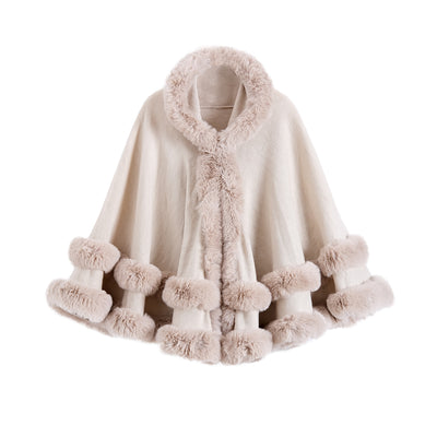 Poncho Abrigo Tejido Oversized con Capucha y Cuello de Pelaje Artificial - Image 2