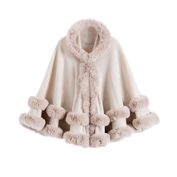 Poncho Abrigo Tejido Oversized con Capucha y Cuello de Pelaje Artificial