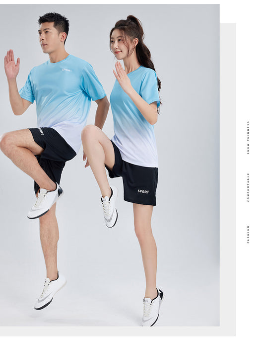 Purple and white gradient short-sleeve t-shirt with 'SPORT' text and black athletic shorts for women. - Image 31