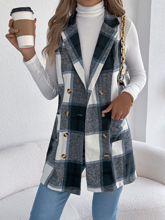 Chaleco Largo de Tweed Cuadros Doble Botonadura con Bolsillos