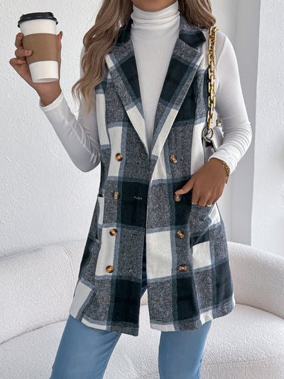 Chaleco Largo de Tweed Cuadros Doble Botonadura con Bolsillos