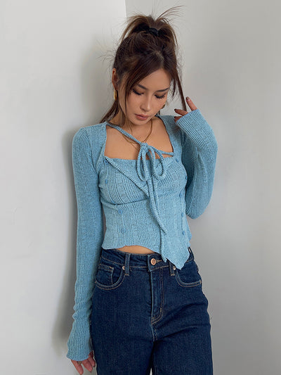 Blusa Larga con Cordones Irregulares y Superposición de Encaje - Image 4