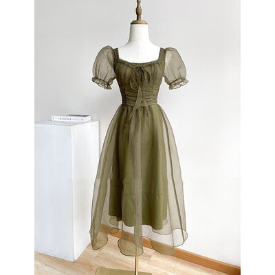Falda Midi Cuello Cuadrado Gris Humo Verde - Elegancia para el Té - Image 9