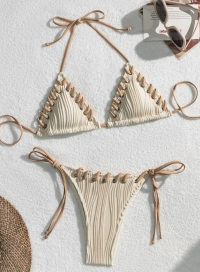 Light blue ribbed bikini swimsuit with pink tie straps and lacing detail, featuring a triangle top and thong bottom. - Image 28