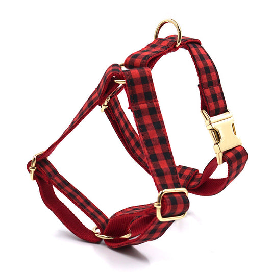 Arnés para Mascotas de Cuadros Rojo y Negro con Hebilla Dorada