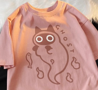 Camiseta de Algodón Puro Holgada con Diseño Fantasma Gato Transparente - Image 3
