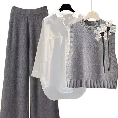 Conjunto de 3 Piezas: Chaleco Tejido con Moño, Camisa y Pantalón Casual - Image 5