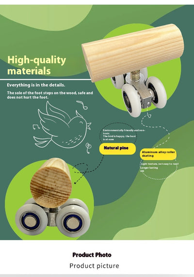 Wooden bird toy resembling a roller skate with a pine log body and four white wheels with metal bearings. - Image 10
