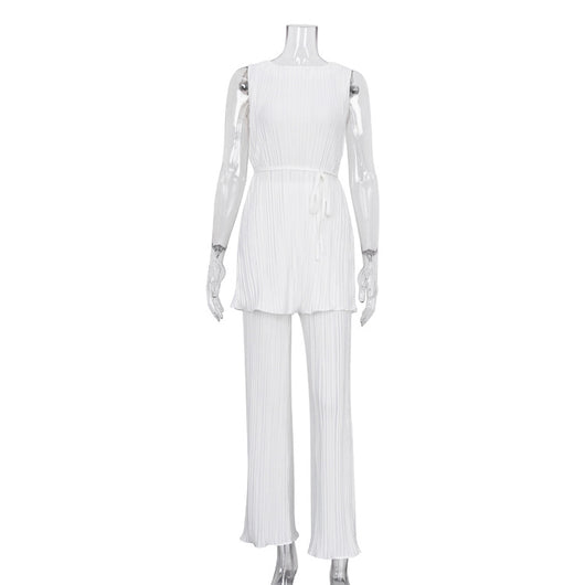 Conjunto Elegante Mujer: Pantalón Plisado Blanco y Playera Cuello Redondo - Image 9