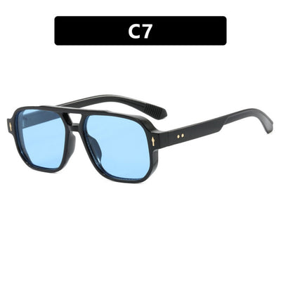 Black full-frame retro casual sunglasses with dark gray lenses and a double bridge, featuring gold accents. - Image 8