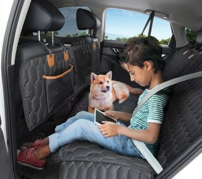 Black quilted pet car seat cover in a hammock style, featuring side flaps, storage pockets, and a mesh window. - Image 4