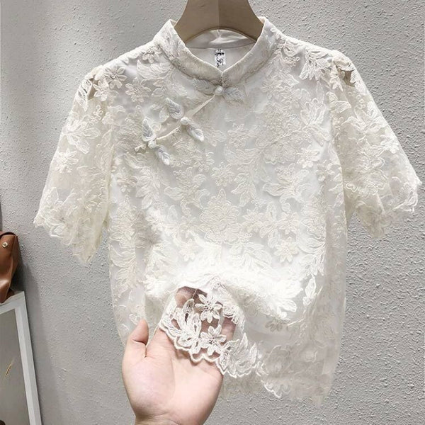 Blusa Étnica China con Encaje y Cierre de Hebilla