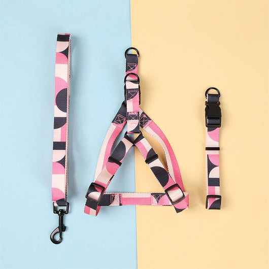 Pink, black, and white patterned polyester dog leash with a silver metal swivel snap hook, coiled on a white background. - Image 9