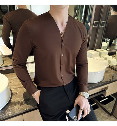 Camisa de Cuello V Manga Larga con Textura Waffle para Hombre - Image 33