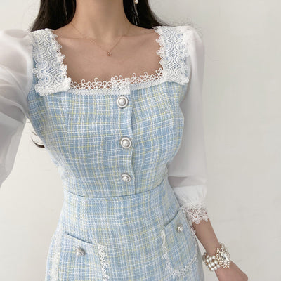 Conjunto de Dos Piezas con Camisa Cuadros Cuello Cuadrado y Falda Corta - Image 13