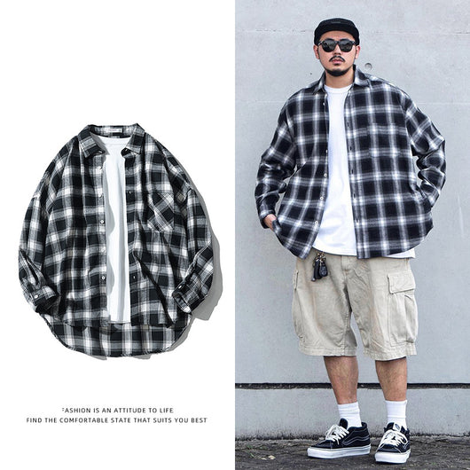 Camisa Tipo Cuadros Japonesa Manga Larga Hombre - Chaqueta de Trabajo Oversize - Image 2