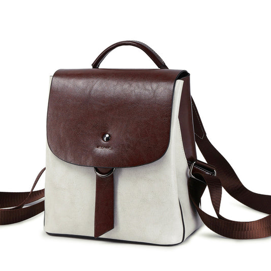 Mochila de Cuero Genuino con Contraste de Colores - Estilo Europeo