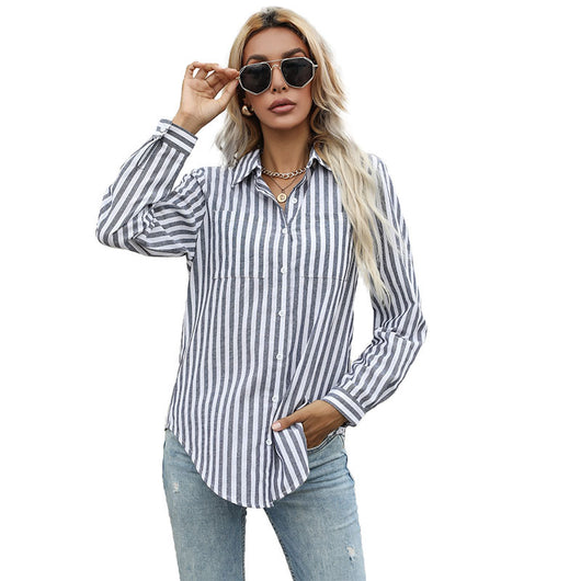 Camisa de Rayas Verticales con Solapa para Mujer - Estilo Europeo - Image 12
