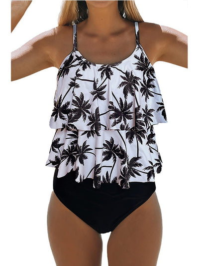 Black two-piece bikini swimsuit with a ruffled tankini top and high-waisted ruched bottoms. - Image 2